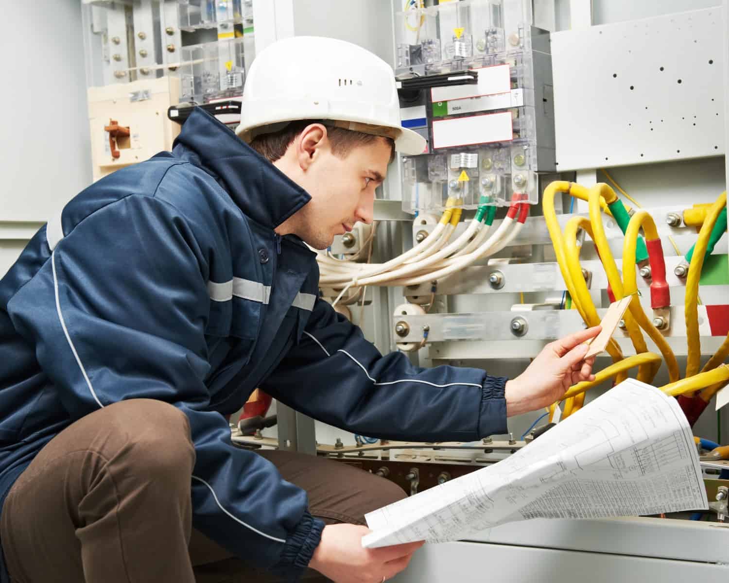 An Electrician Is Pictured Working On Some Very Complicated Wiring And Circuitry.